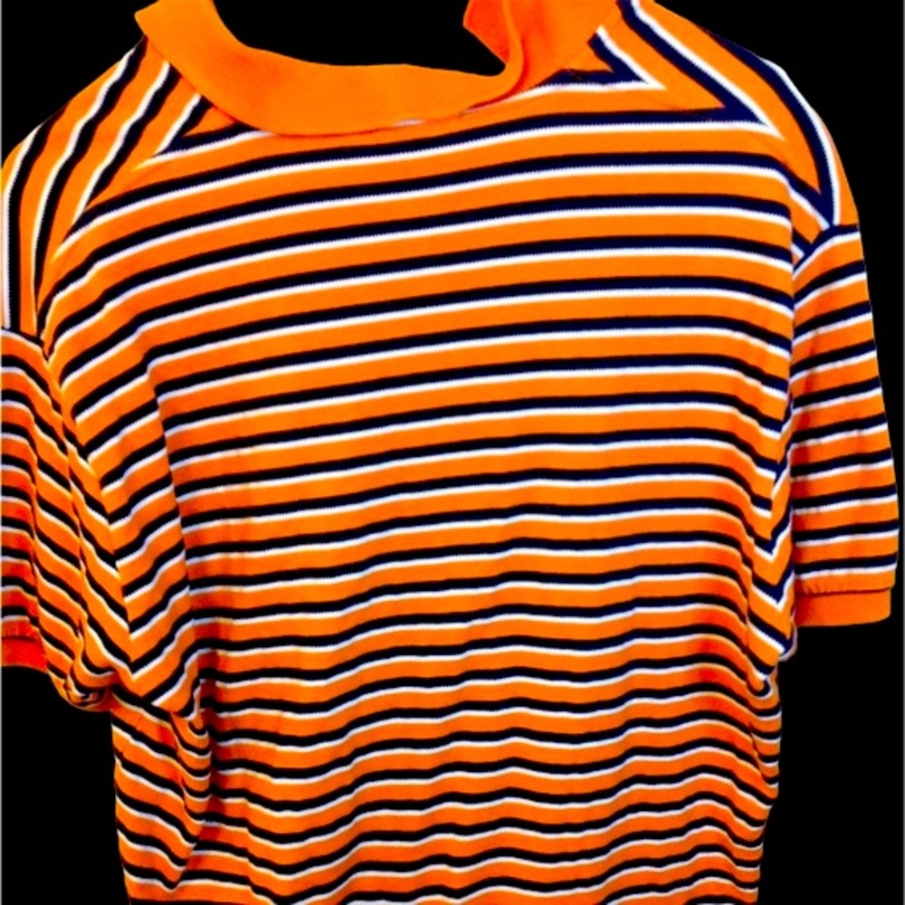 Orange, white and blue striped Polo shirt.